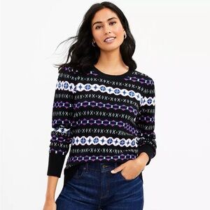 LOFT Fair Isle Puff Sleeved Sweater Black with Pink and Blue Accents